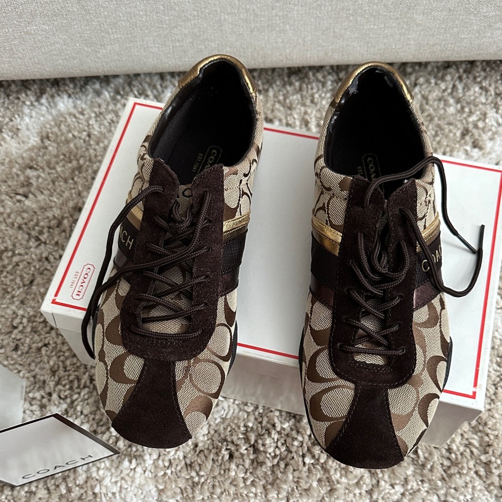 Coach Brown and Gold Patterned Sneakers. New - Picture 3 of 7